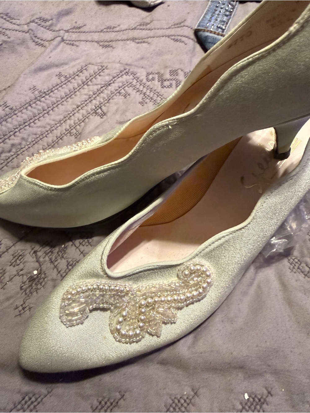 Pearl-Embellished Light Sage Satin Women’s Heels